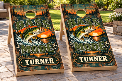 Bass Mode Personalized Cornhole Board Wraps — matching boards mockup; boards not included