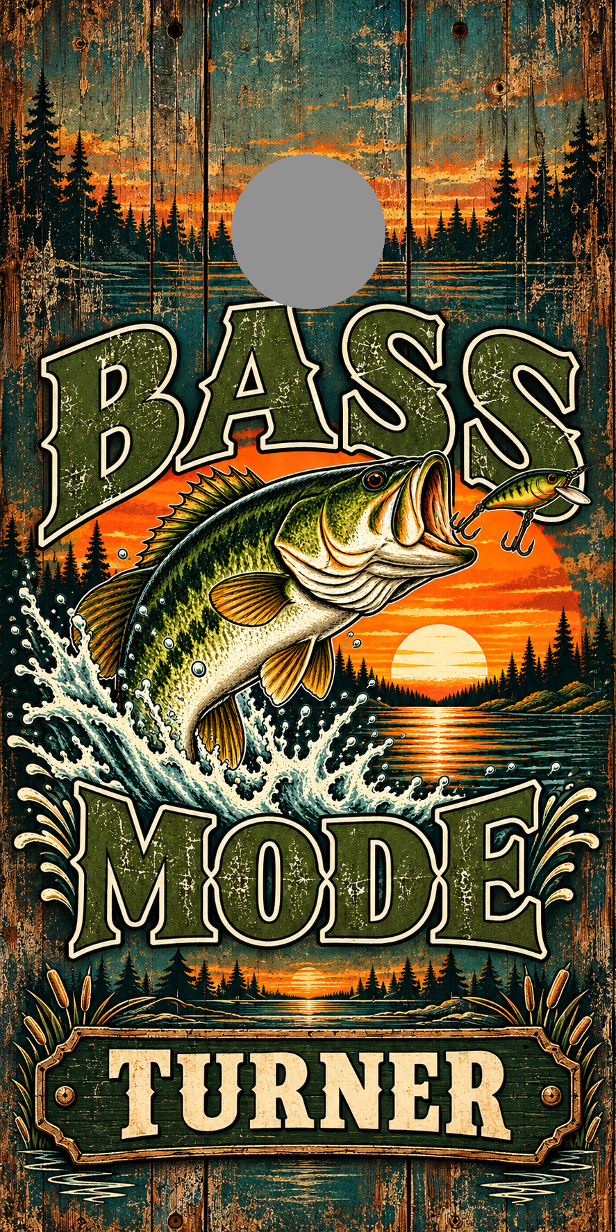 Bass Mode Personalized Cornhole Board Wraps — gray hole-position proof marker; not printed