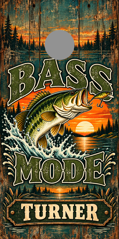 Bass Mode Personalized Cornhole Board Wraps — gray hole-position proof marker; not printed
