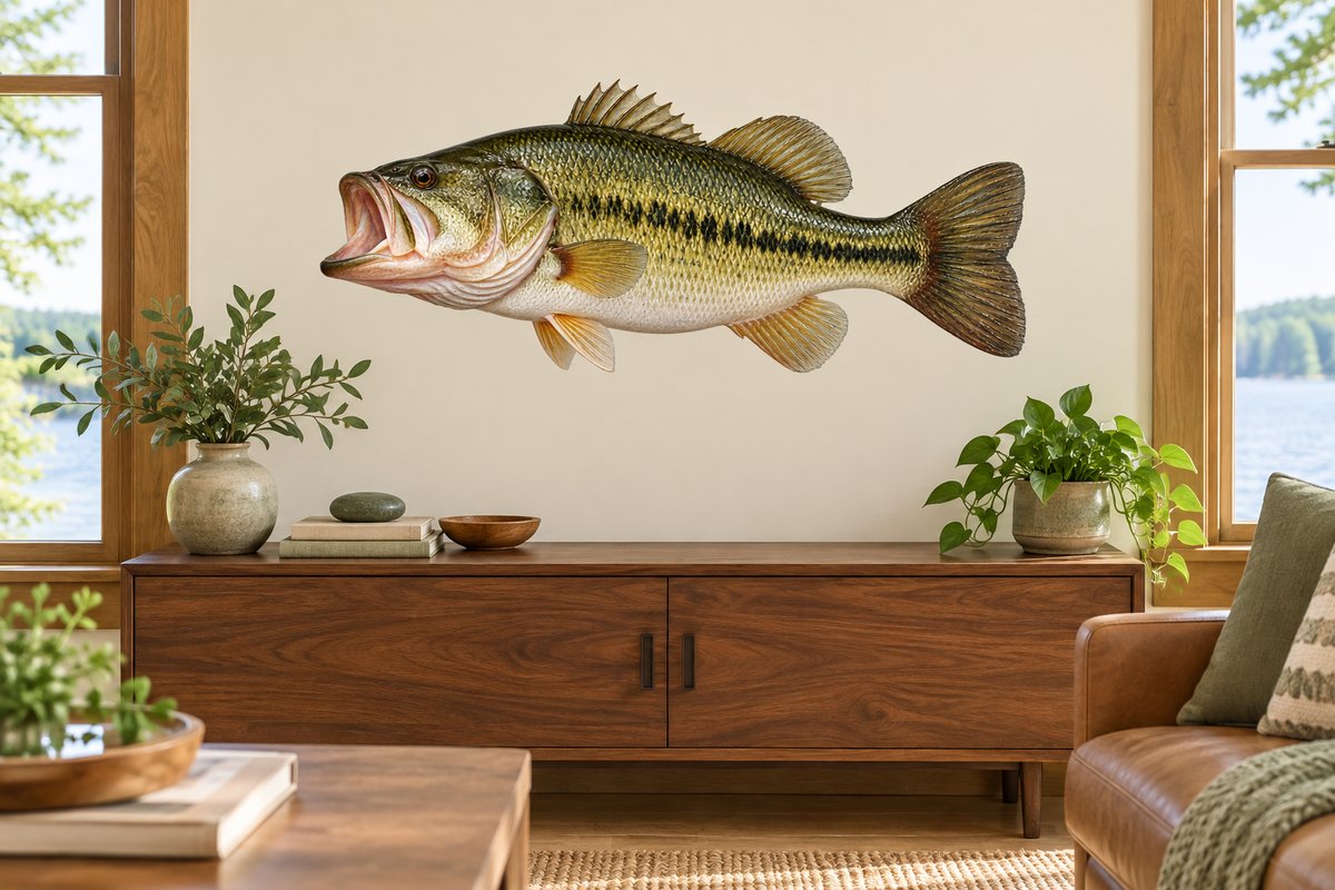bass wildlife wall decal room mockup, illustrative size