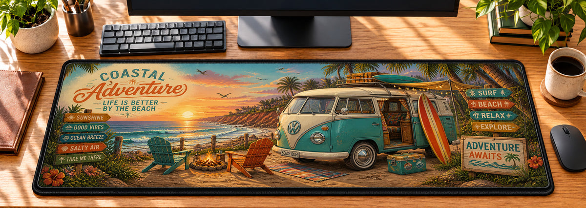 Beach Camper Coastal Adventure Desk Mat in use on a warm wood office desk — overhead workspace view