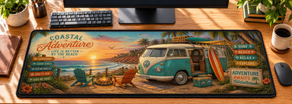 Beach Camper Coastal Adventure Desk Mat in use on a warm wood office desk — overhead workspace view