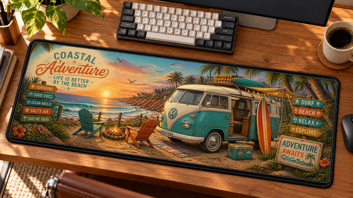 Beach Camper Coastal Adventure Desk Mat in use on a warm wood office desk — angled workspace view