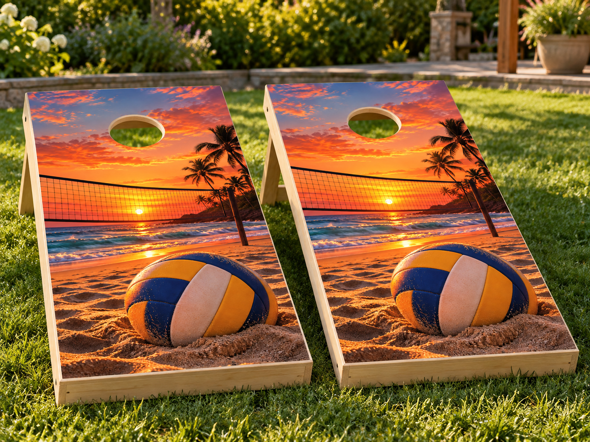 Beach Volleyball Sunset installed cornhole board mockup; boards not included