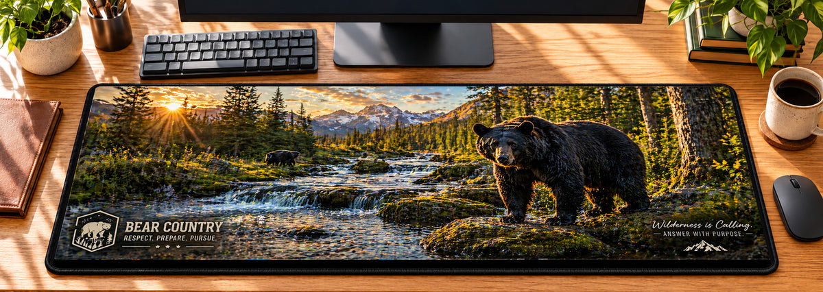 Bear Country Wilderness Desk Mat in use on a warm wood office desk — overhead workspace view