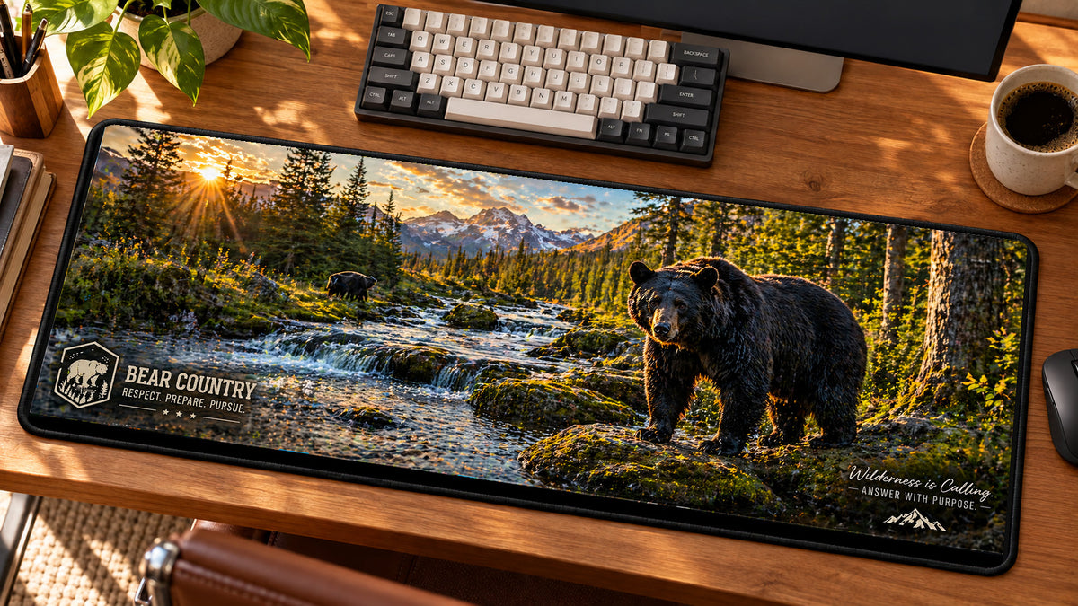 Bear Country Wilderness Desk Mat in use on a warm wood office desk — angled workspace view