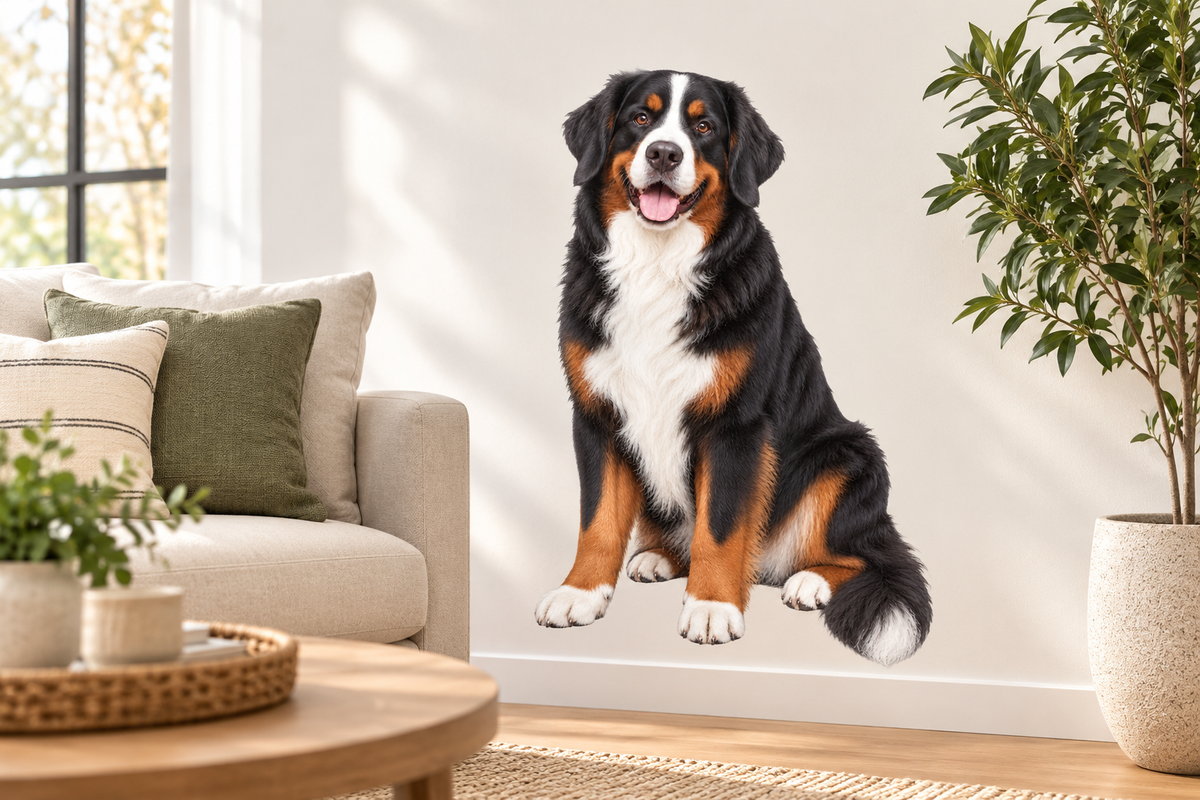 Bernese Mountain Dog contour cut dog decal on a living room wall