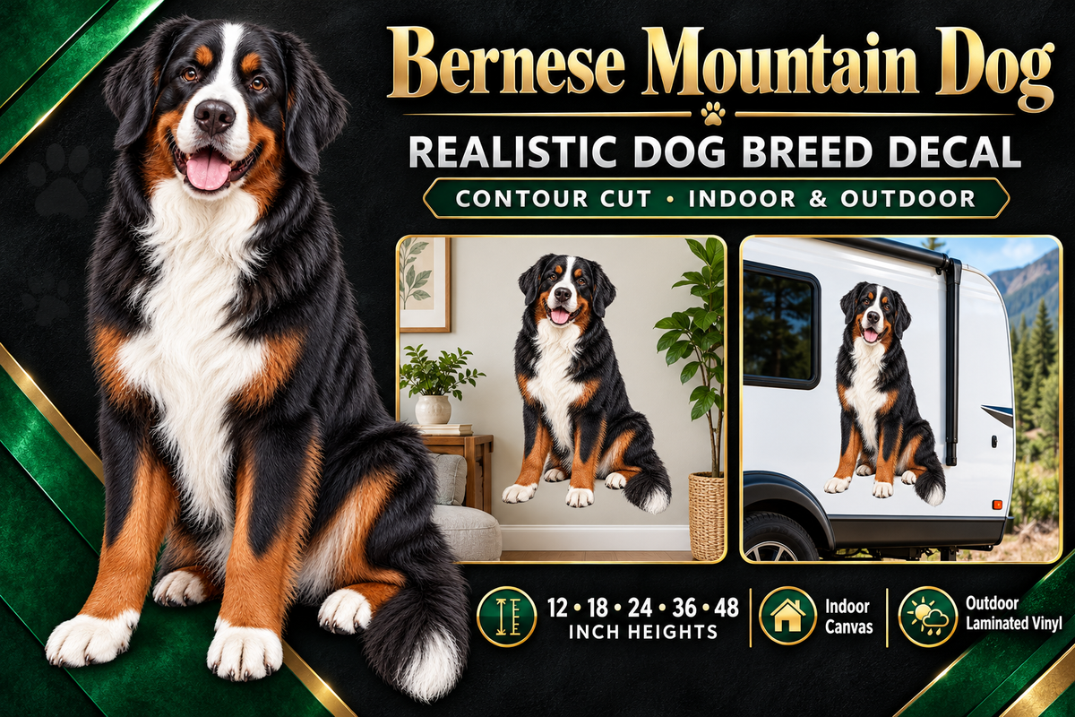 Bernese Mountain Dog decal summary with indoor and outdoor examples — sizes 12 to 48 inches high