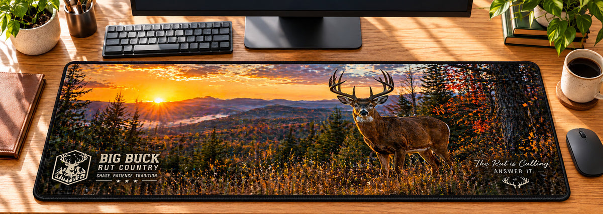 Big Buck Rut Country Desk Mat in use on a warm wood office desk — overhead workspace view