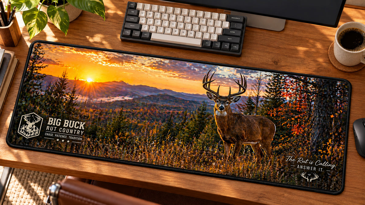 Big Buck Rut Country Desk Mat in use on a warm wood office desk — angled workspace view