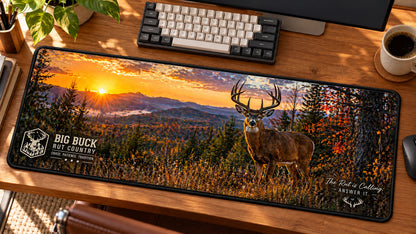 Big Buck Rut Country Desk Mat in use on a warm wood office desk — angled workspace view