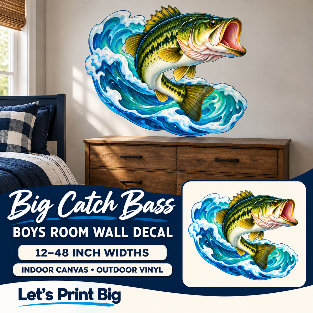 Big Catch Bass – Boys Room Wall Decal summary and bedroom mockup – 12 to 48 inch widths