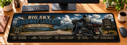 Big Sky Highway Legends Desk Mat in use on a warm wood office desk — overhead workspace view