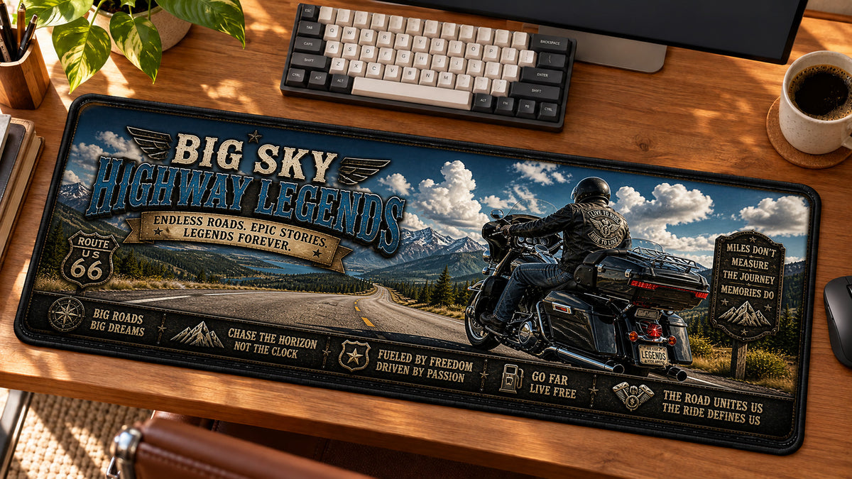 Big Sky Highway Legends Desk Mat in use on a warm wood office desk — angled workspace view