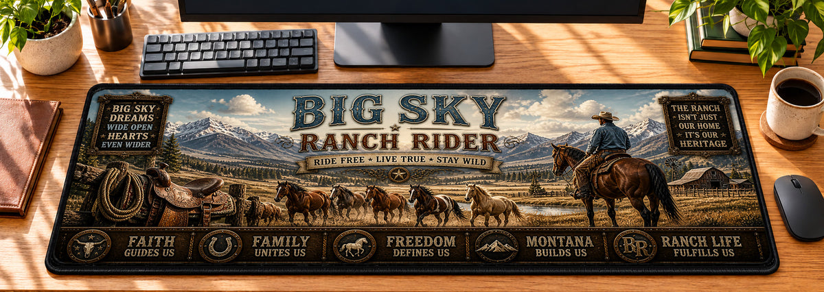 Big Sky Ranch Rider Desk Mat in use on a warm wood office desk — overhead workspace view