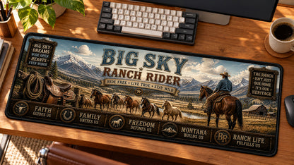 Big Sky Ranch Rider Desk Mat in use on a warm wood office desk — angled workspace view