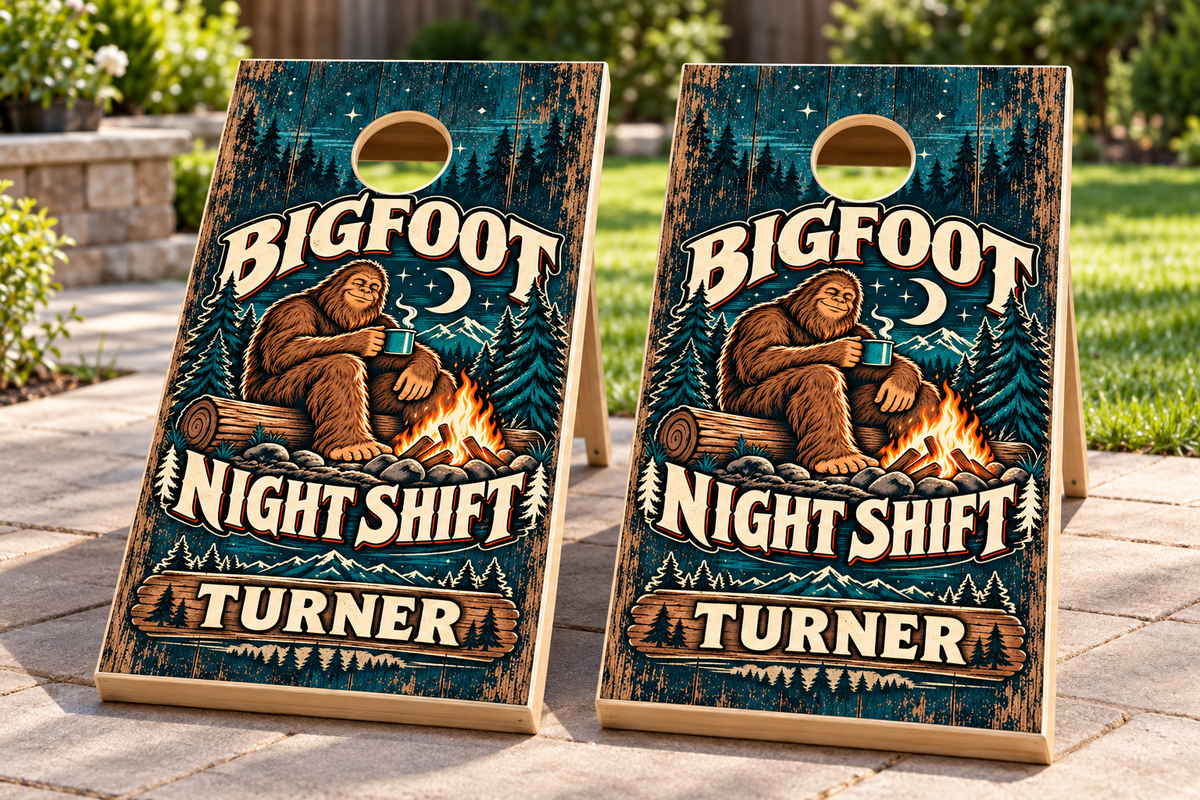 Bigfoot Night Shift personalized cornhole wraps - mockup