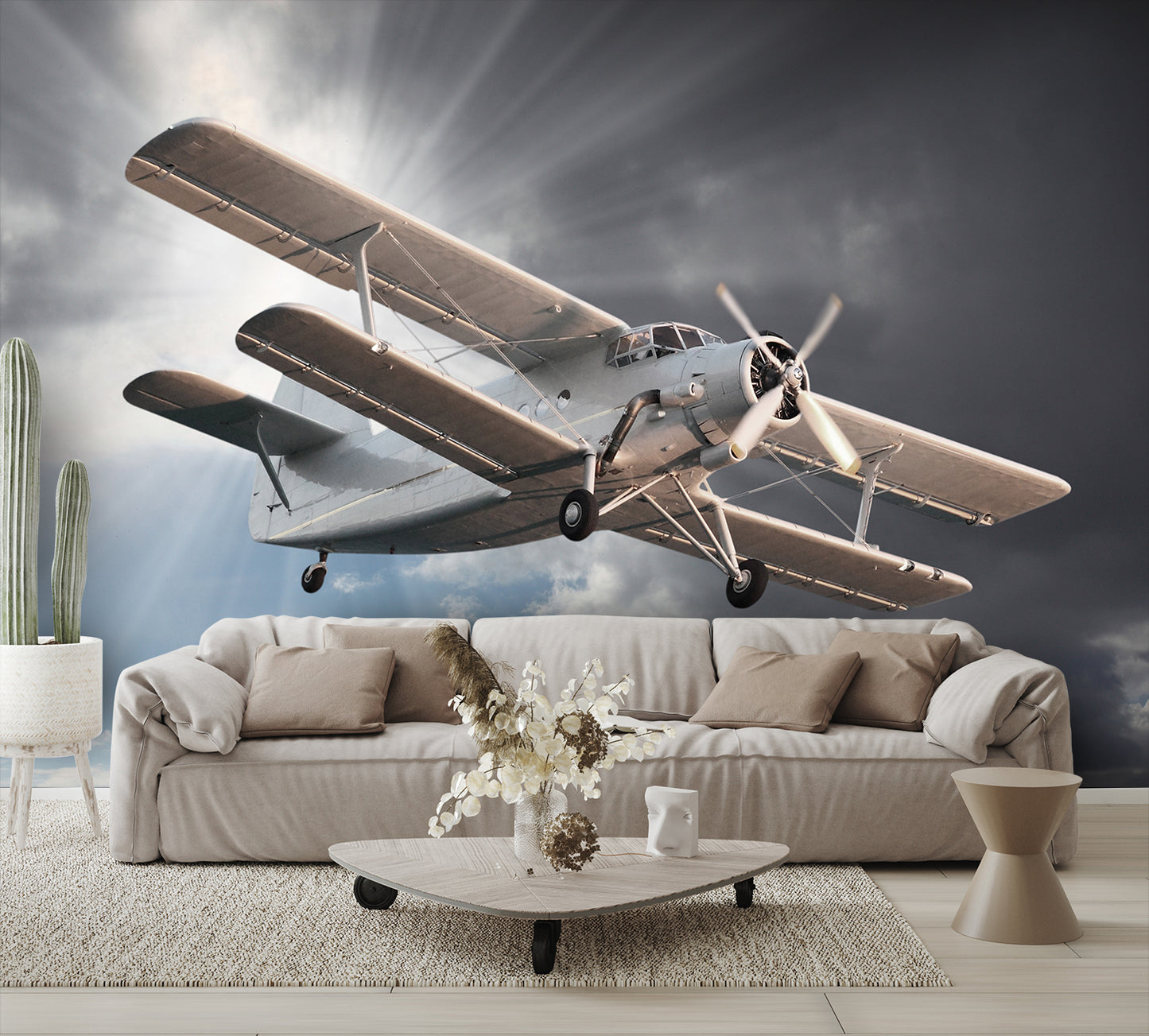 Vintage Biplane Flying Wall Mural Clouds Wallpaper living room