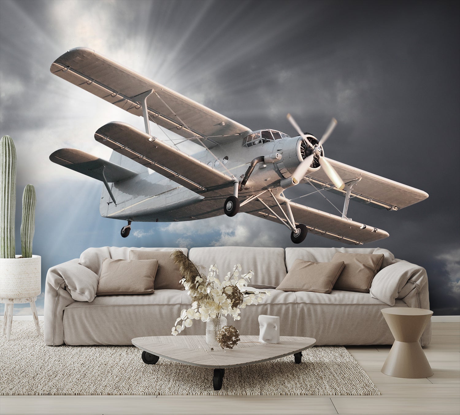 Vintage Biplane Flying Wall Mural Clouds Wallpaper living room
