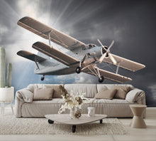 Vintage Biplane Flying Wall Mural Clouds Wallpaper living room
