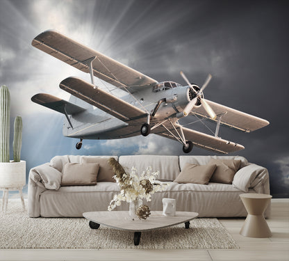 Vintage Biplane Flying Wall Mural Clouds Wallpaper living room