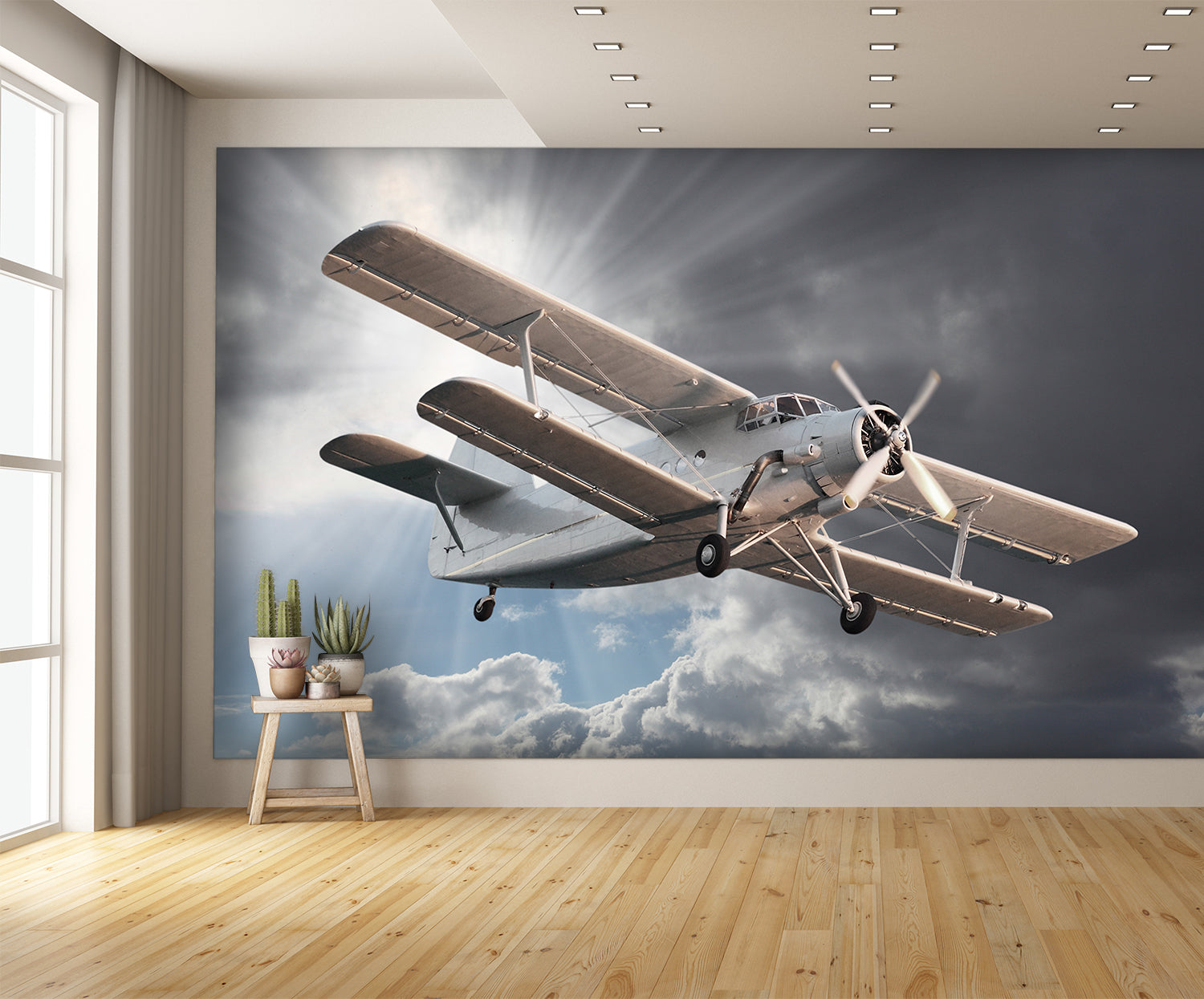 Vintage Biplane Flying Wall Mural Clouds Wallpaper extra room