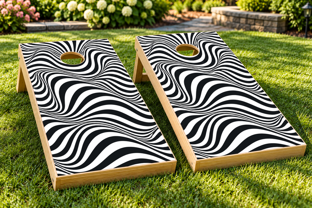 Black and White Wave installed cornhole board mockup; boards not included