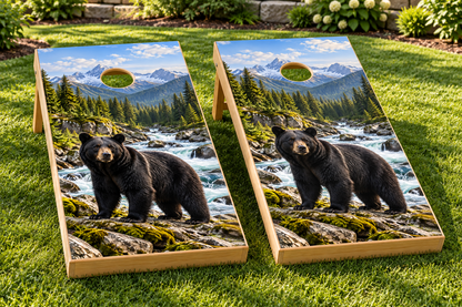 Black Bear River cornhole wrap installed board mockup; boards not included