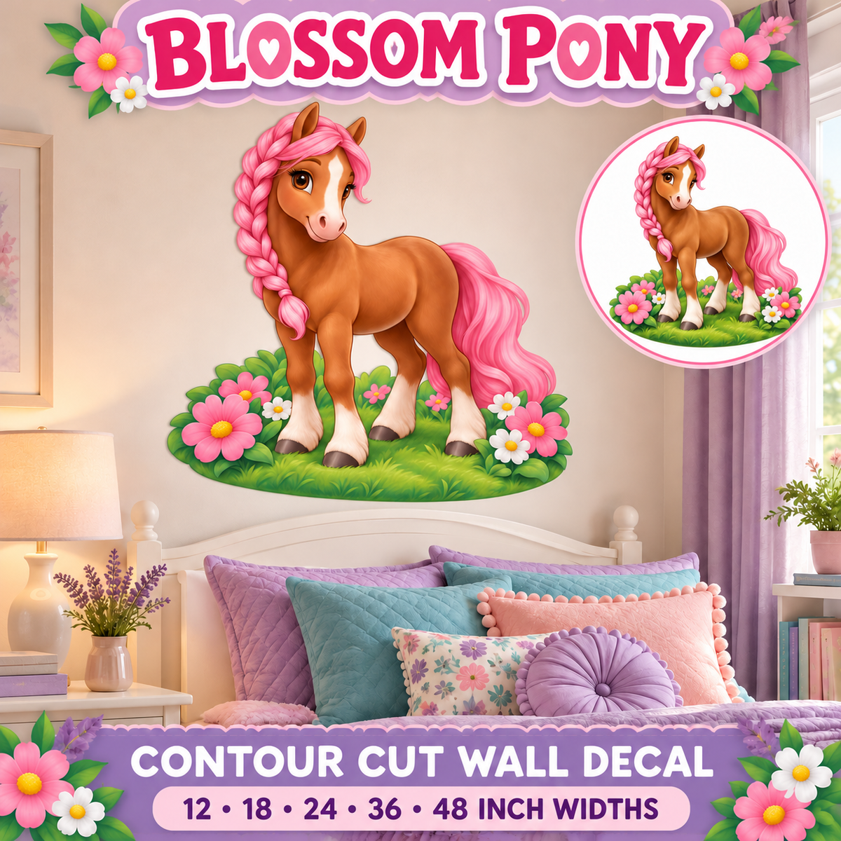 Blossom Pony – Girls Room Wall Decal summary and bedroom mockup – 12 to 48 inch widths
