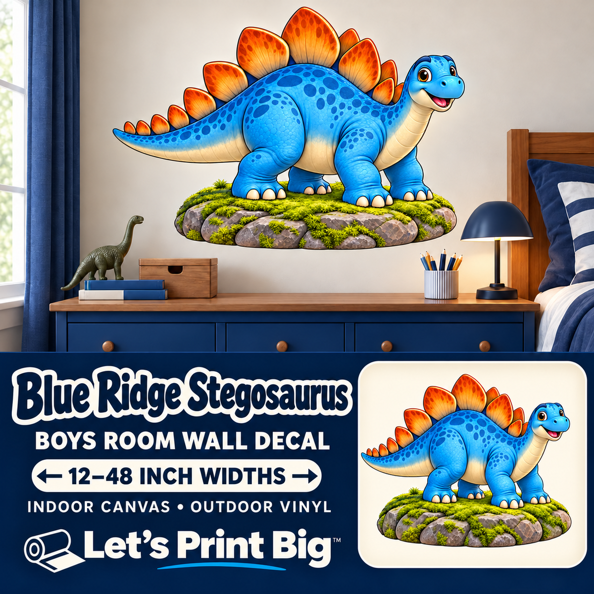 Blue Ridge Stegosaurus – Boys Room Wall Decal summary and bedroom mockup – 12 to 48 inch widths