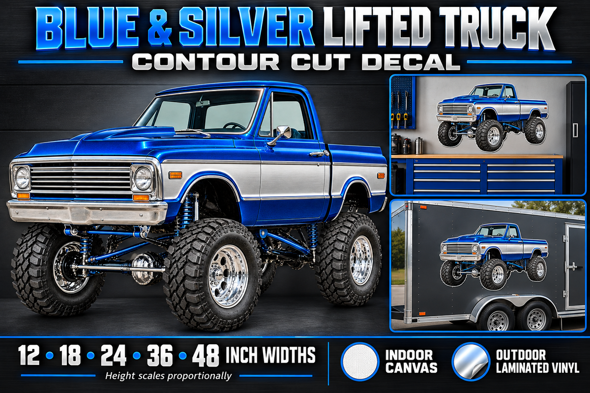 Blue and silver classic lifted truck decal showcase, sizes and indoor outdoor materials