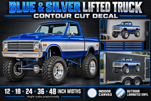 Blue and silver classic lifted truck decal showcase, sizes and indoor outdoor materials