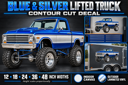 Blue and silver classic lifted truck decal showcase, sizes and indoor outdoor materials