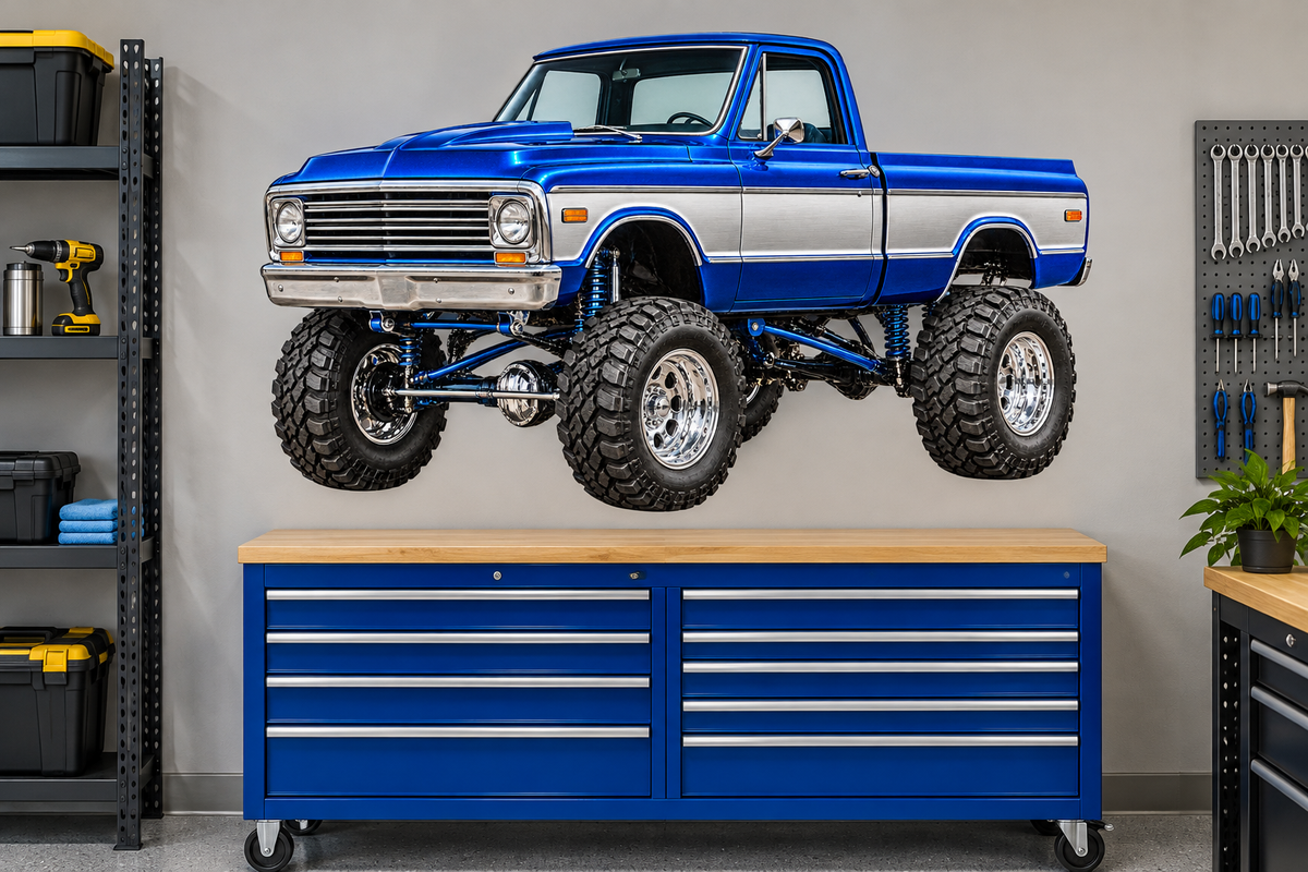 Blue and silver classic lifted truck wall decal garage mockup, illustrative size