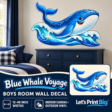 Blue Whale Voyage – Boys Room Wall Decal summary and bedroom mockup – 12 to 48 inch widths