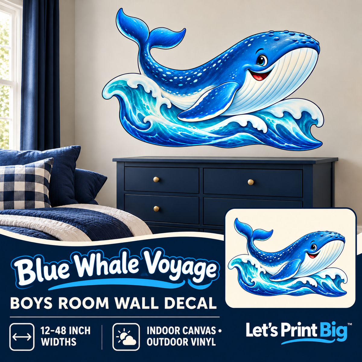 Blue Whale Voyage – Boys Room Wall Decal summary and bedroom mockup – 12 to 48 inch widths