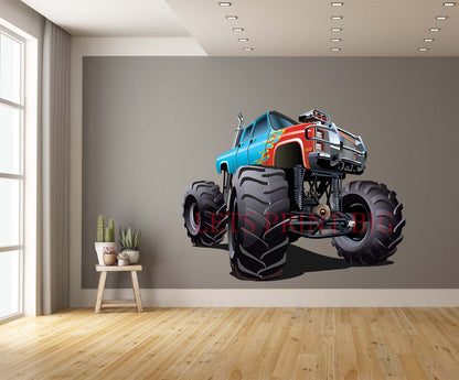 Blue and Red Cartoon Monster Truck Wall Art Decal