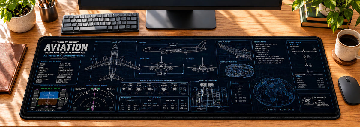 Blueprints of Flight Desk Mat in use on a warm wood office desk — overhead workspace view