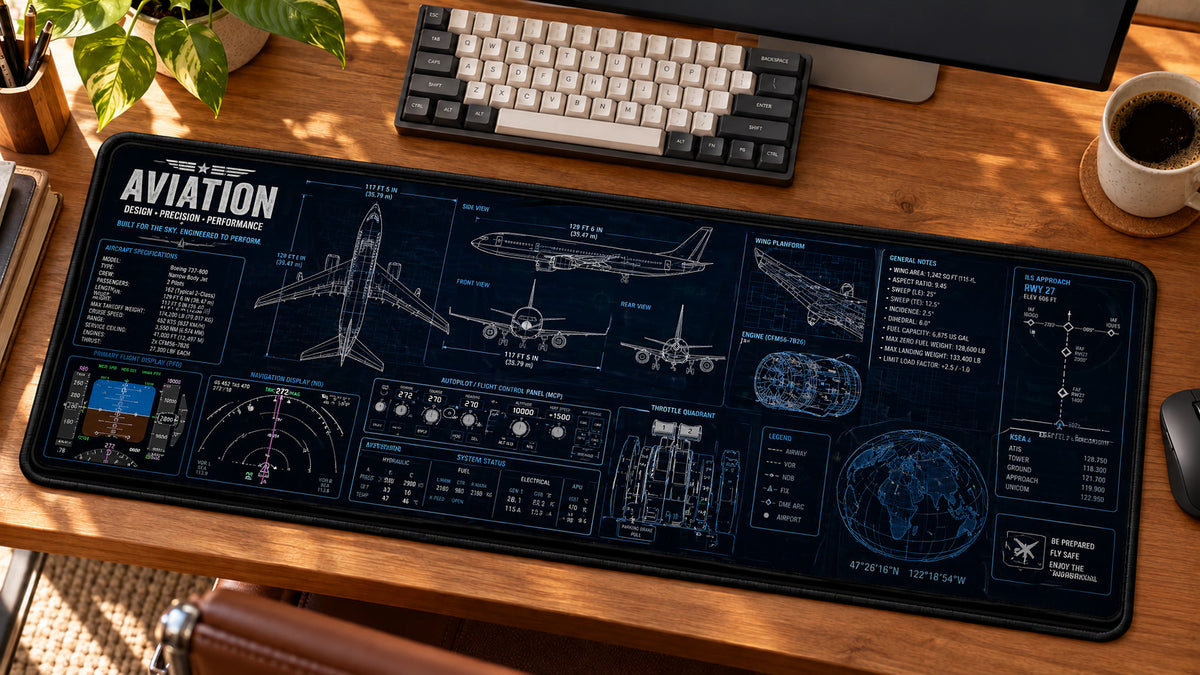 Blueprints of Flight Desk Mat in use on a warm wood office desk — angled workspace view