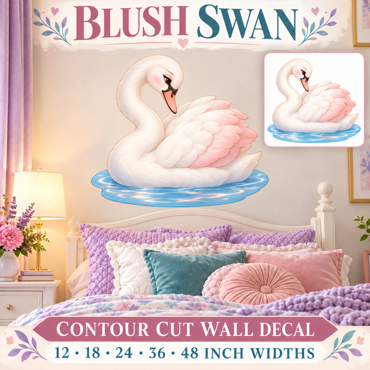 Blush Swan – Girls Room Wall Decal summary and bedroom mockup – 12 to 48 inch widths
