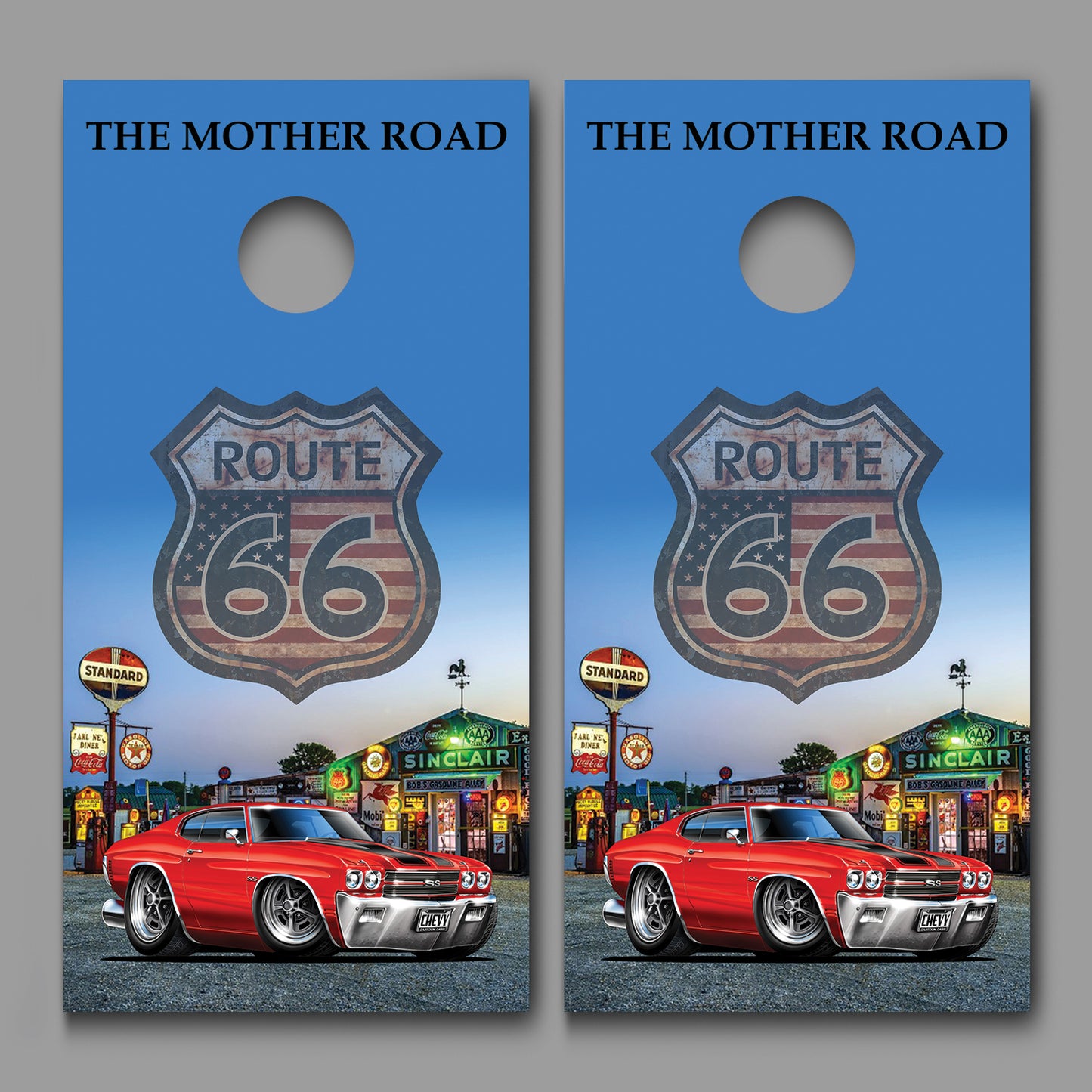 Route 66 Bob's Gasoline Alley 1970 Red Chevelle Cornhole Board Decal Wrap