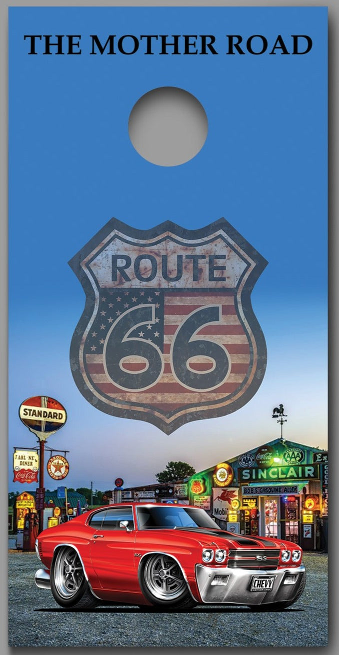 Route 66 Bob's Gasoline Alley 1970 Red Chevelle Cornhole Board Decal Wrap