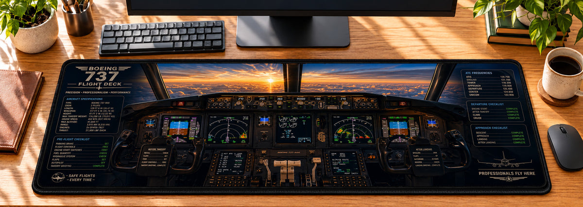 Boeing Airliner Flight Deck Desk Mat in use on a warm wood office desk — overhead workspace view