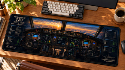 Boeing Airliner Flight Deck Desk Mat in use on a warm wood office desk — angled workspace view