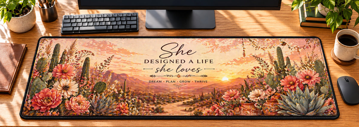 Boho Desert Bloom Desk Mat in use on a warm wood office desk — overhead workspace view