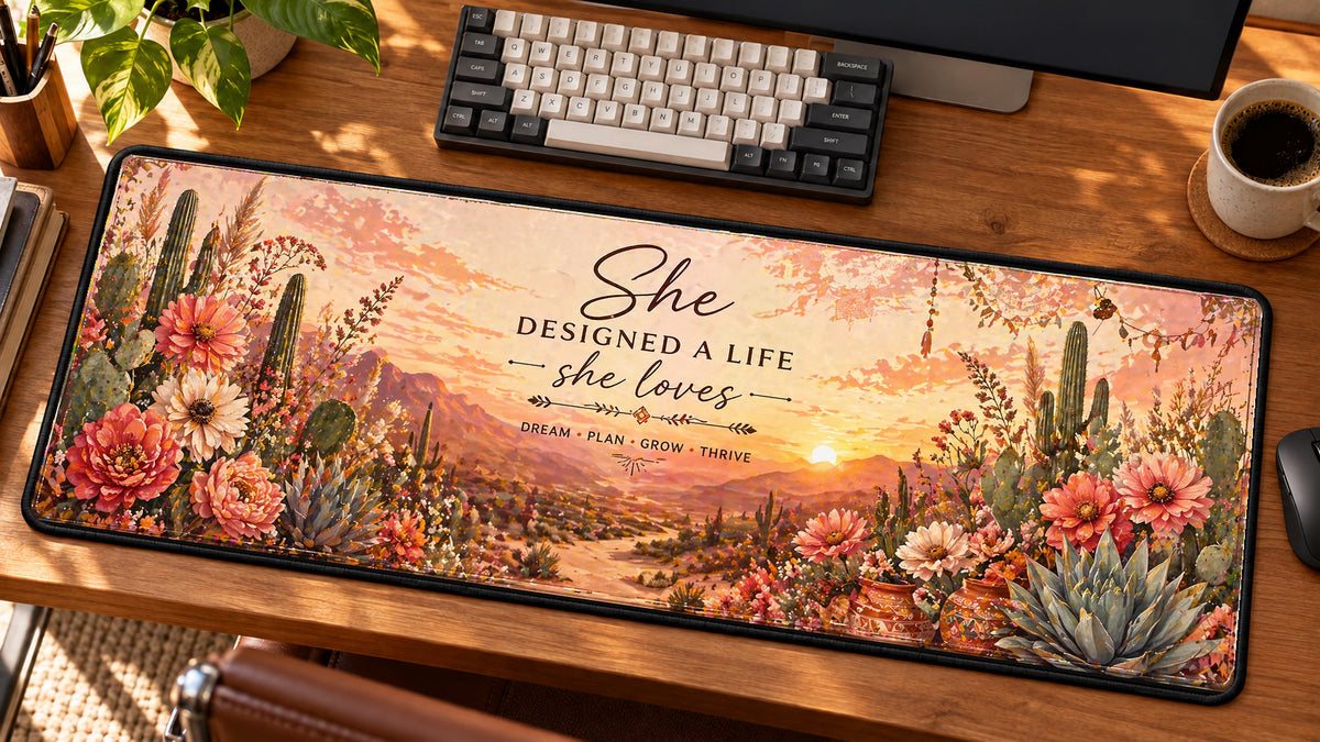 Boho Desert Bloom Desk Mat in use on a warm wood office desk — angled workspace view