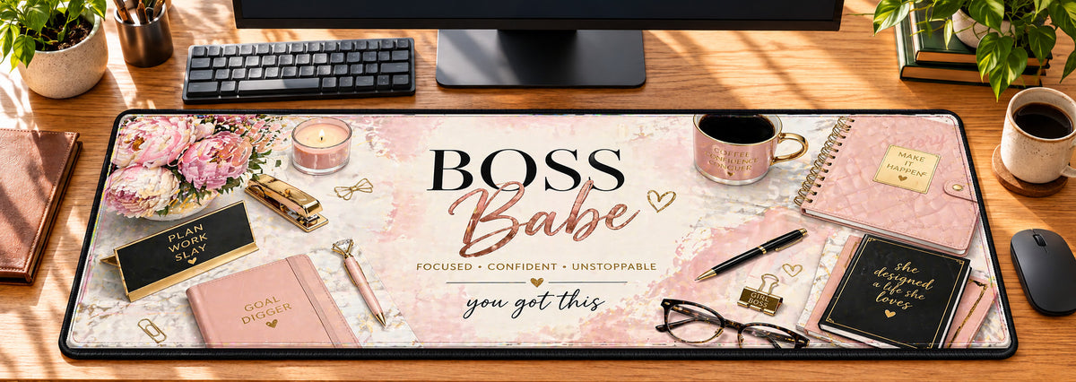 Boss Babe Luxe Workspace Desk Mat in use on a warm wood office desk — overhead workspace view