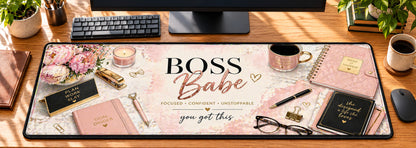 Boss Babe Luxe Workspace Desk Mat in use on a warm wood office desk — overhead workspace view