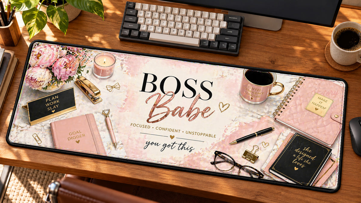 Boss Babe Luxe Workspace Desk Mat in use on a warm wood office desk — angled workspace view