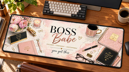 Boss Babe Luxe Workspace Desk Mat in use on a warm wood office desk — angled workspace view